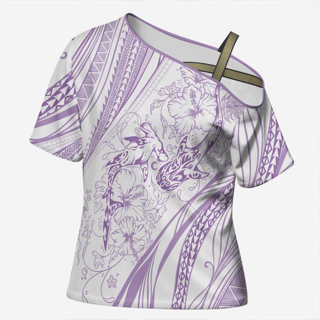 Sharks Couple Dreamy Polynesians Floral Sea Cross Shoulder Shirt Lilac - Polynesian Pride