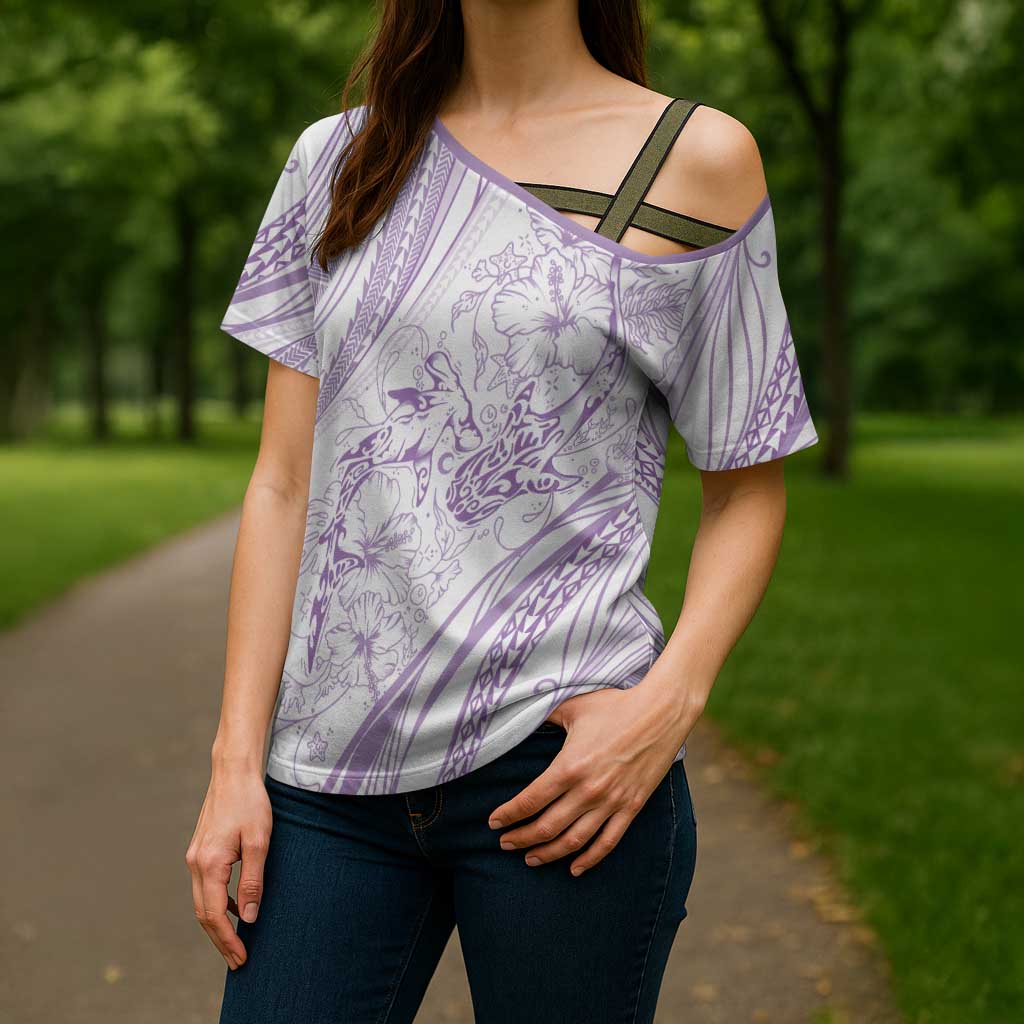 Sharks Couple Dreamy Polynesians Floral Sea Cross Shoulder Shirt Lilac - Polynesian Pride