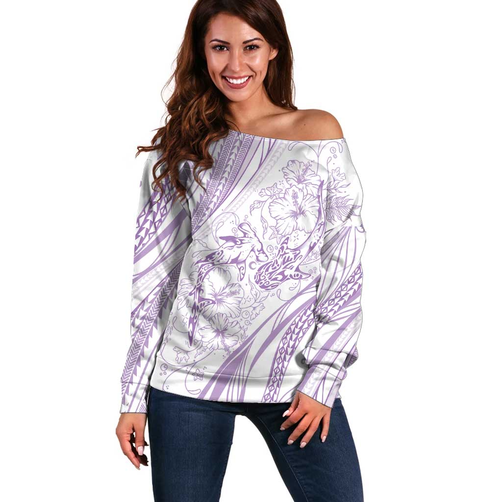 Sharks Couple Dreamy Polynesians Floral Sea Off Shoulder Sweater Lilac - Polynesian Pride