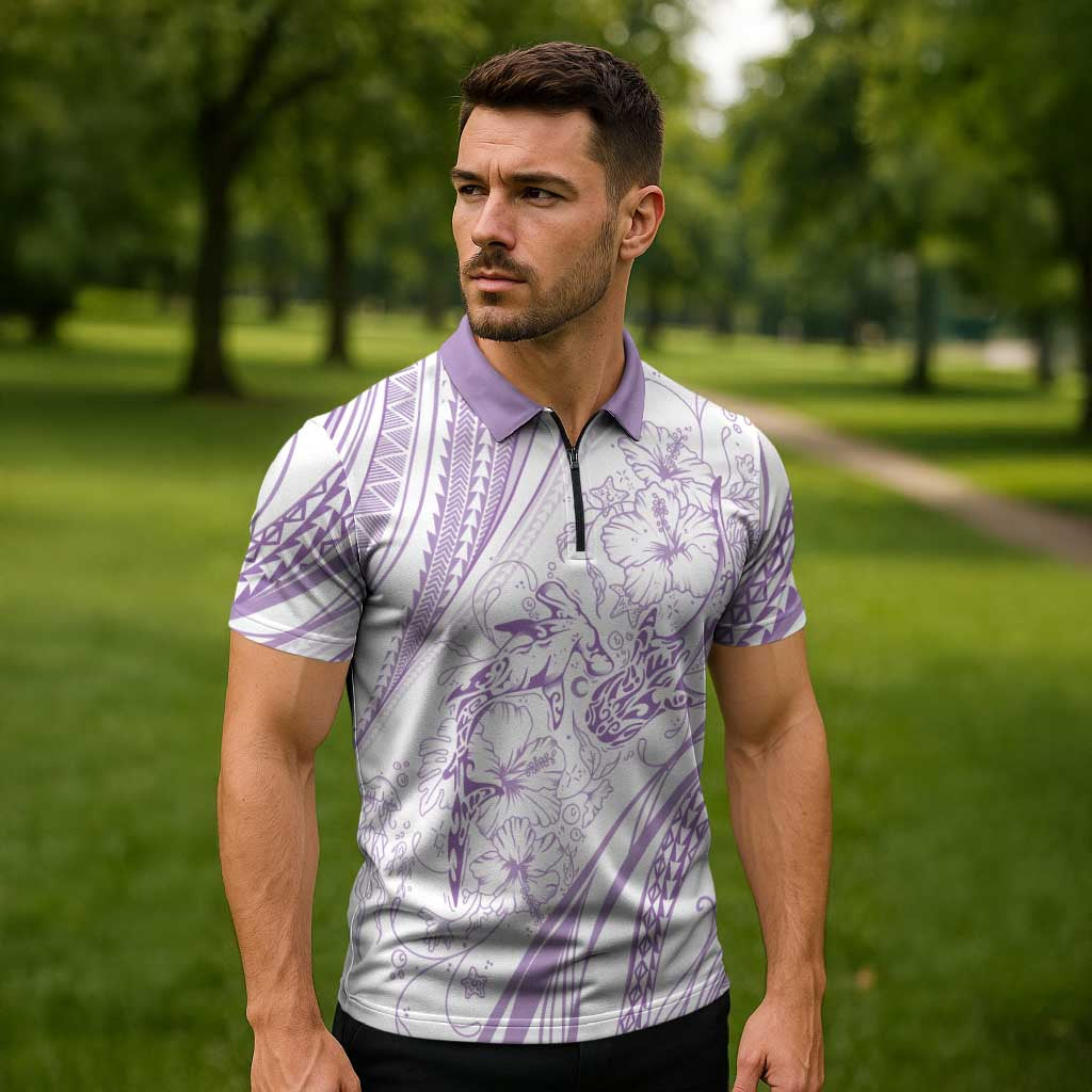 Sharks Couple Dreamy Polynesians Floral Sea Zipper Polo Shirt Lilac LT7 - Polynesian Pride