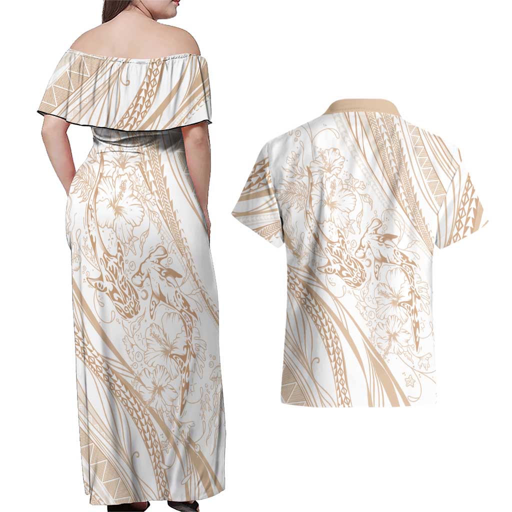 Sharks Couple Dreamy Polynesians Floral Sea Couples Matching Off Shoulder Maxi Dress and Hawaiian Shirt Hazel LT7 - Polynesian Pride
