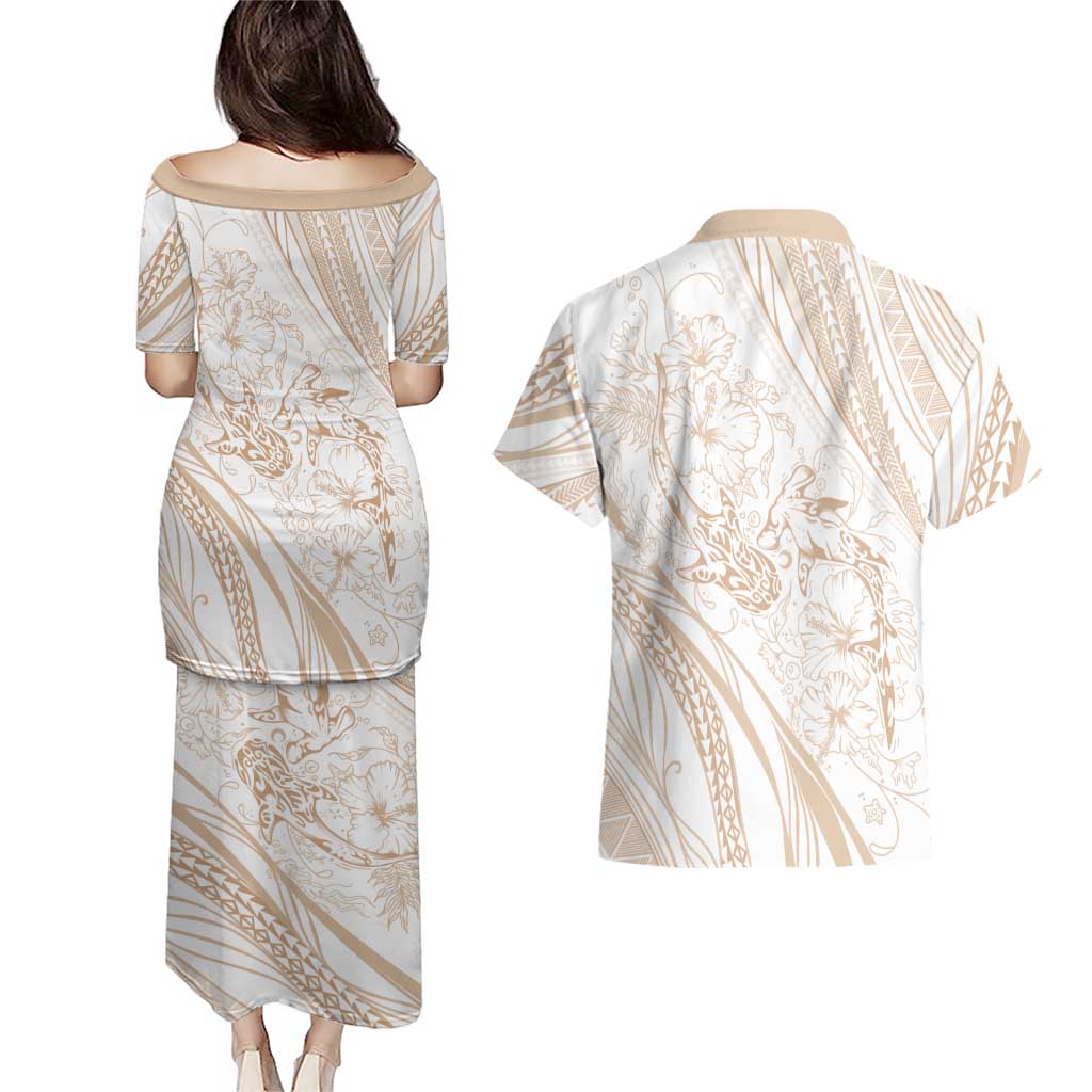 Sharks Couple Dreamy Polynesians Floral Sea Couples Matching Puletasi and Hawaiian Shirt Hazel - Polynesian Pride