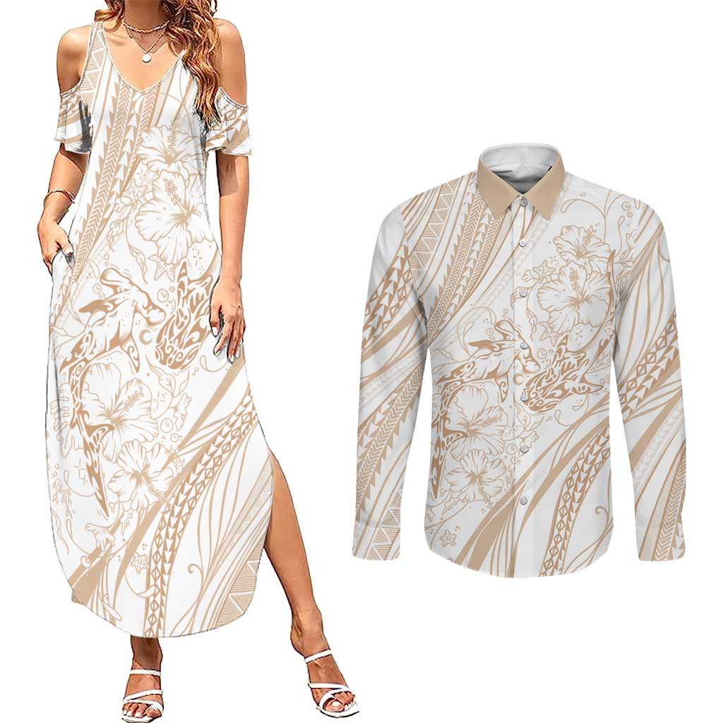 Sharks Couple Dreamy Polynesians Floral Sea Couples Matching Summer Maxi Dress and Long Sleeve Button Shirt Hazel - Polynesian Pride