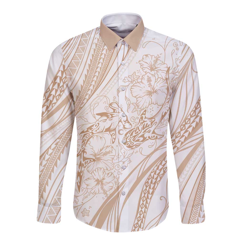 Sharks Couple Dreamy Polynesians Floral Sea Long Sleeve Button Shirt Hazel - Polynesian Pride