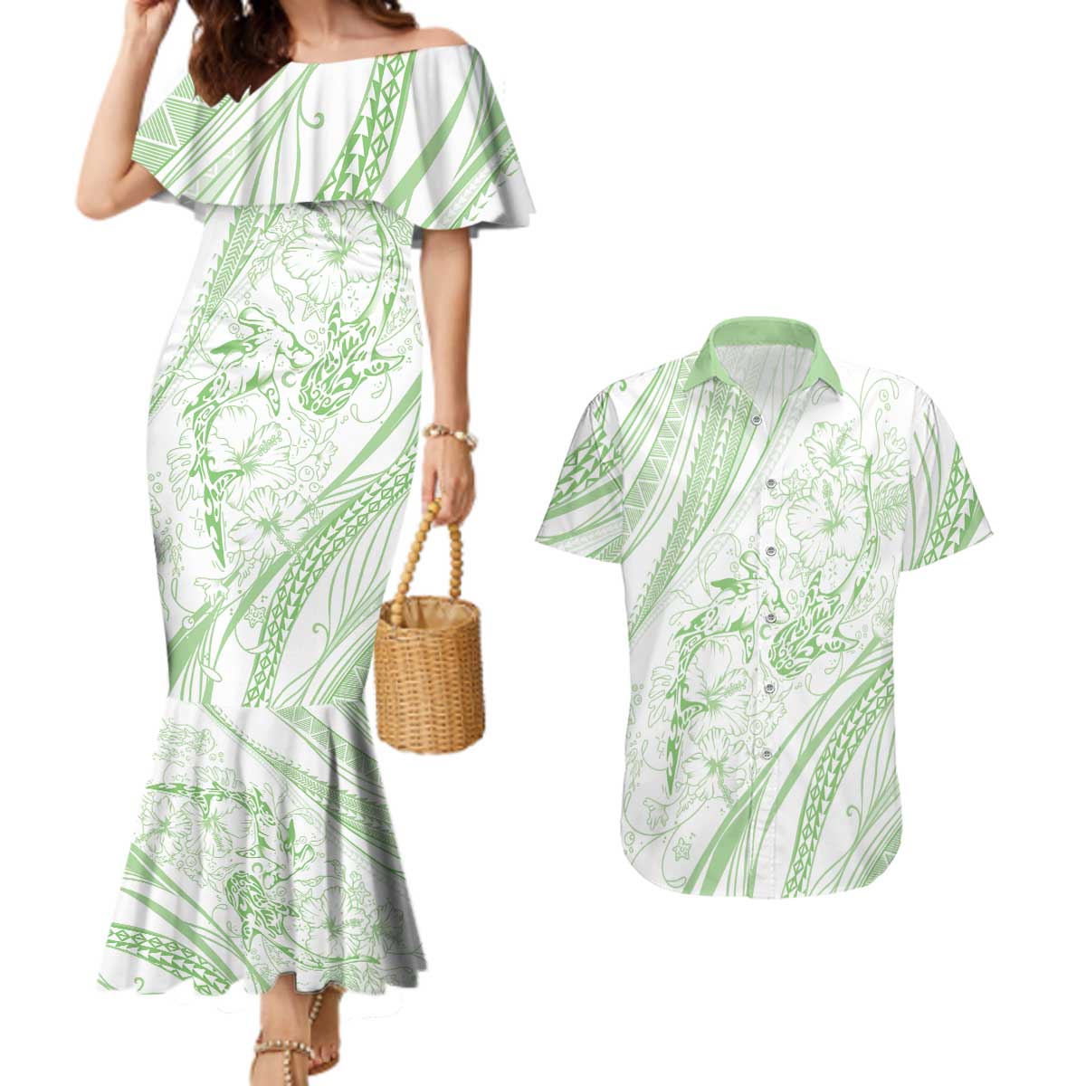 Sharks Couple Dreamy Polynesians Floral Sea Couples Matching Mermaid Dress and Hawaiian Shirt Emerald LT7 Emerald - Polynesian Pride