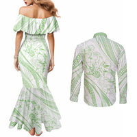 Sharks Couple Dreamy Polynesians Floral Sea Couples Matching Mermaid Dress and Long Sleeve Button Shirt Emerald - Polynesian Pride