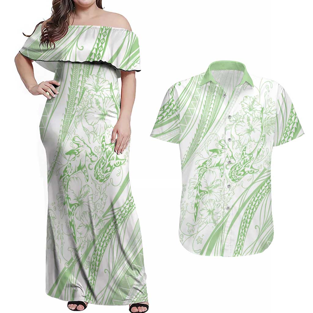 Sharks Couple Dreamy Polynesians Floral Sea Couples Matching Off Shoulder Maxi Dress and Hawaiian Shirt Emerald LT7 Emerald - Polynesian Pride