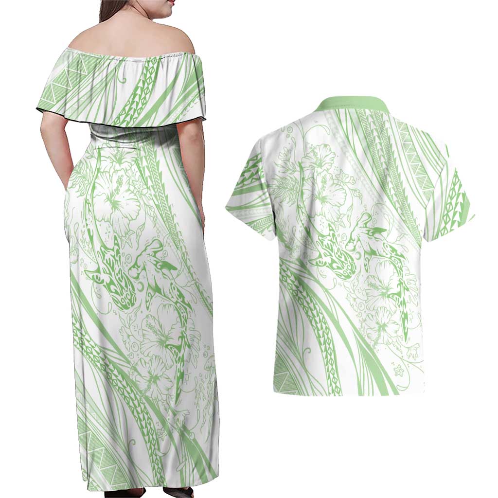 Sharks Couple Dreamy Polynesians Floral Sea Couples Matching Off Shoulder Maxi Dress and Hawaiian Shirt Emerald LT7 - Polynesian Pride
