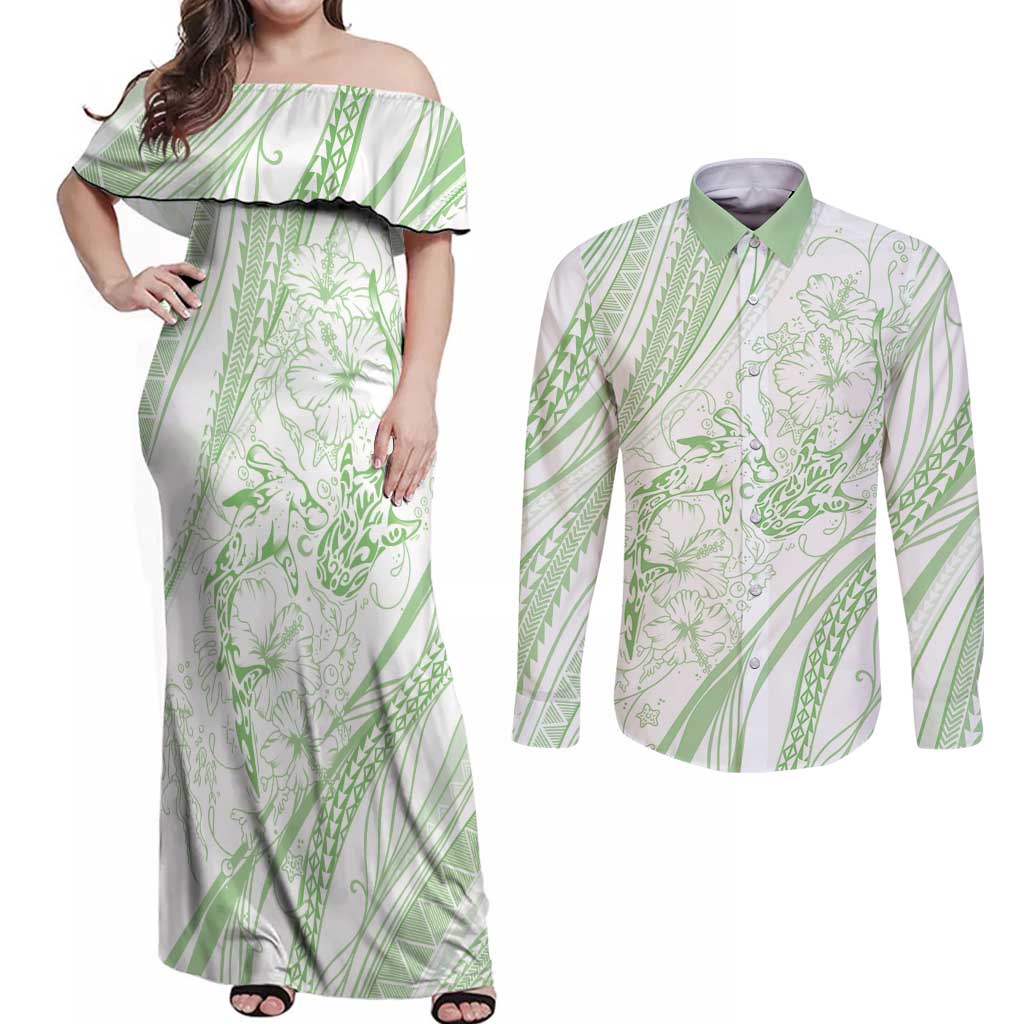 Sharks Couple Dreamy Polynesians Floral Sea Couples Matching Off Shoulder Maxi Dress and Long Sleeve Button Shirt Emerald - Polynesian Pride
