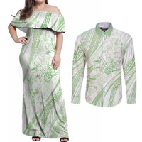 Sharks Couple Dreamy Polynesians Floral Sea Couples Matching Off Shoulder Maxi Dress and Long Sleeve Button Shirt Emerald - Polynesian Pride