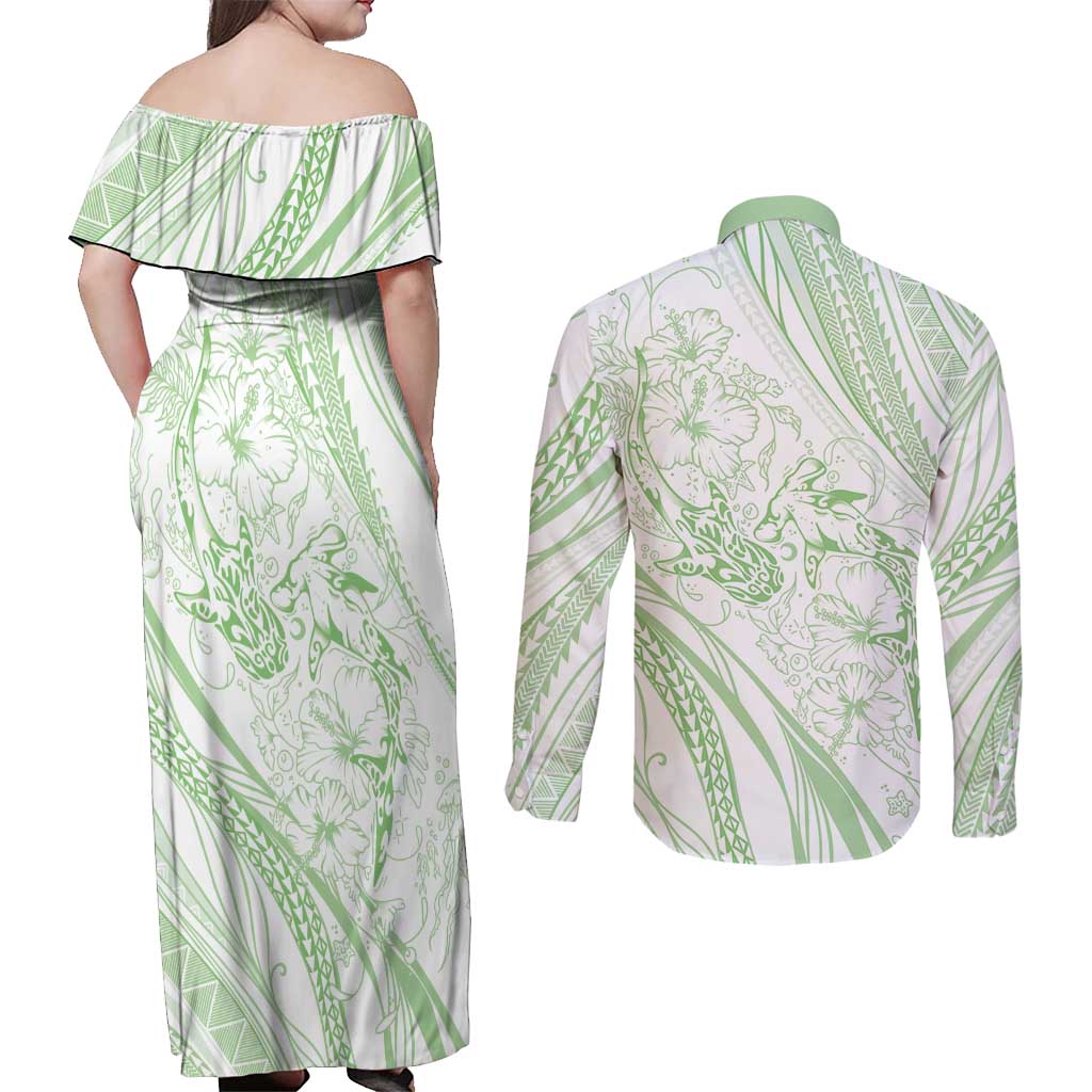 Sharks Couple Dreamy Polynesians Floral Sea Couples Matching Off Shoulder Maxi Dress and Long Sleeve Button Shirt Emerald - Polynesian Pride