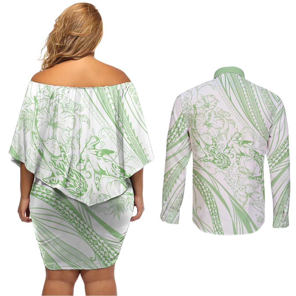 Sharks Couple Dreamy Polynesians Floral Sea Couples Matching Off Shoulder Short Dress and Long Sleeve Button Shirt Emerald - Polynesian Pride
