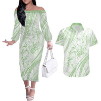 Sharks Couple Dreamy Polynesians Floral Sea Couples Matching Off The Shoulder Long Sleeve Dress and Hawaiian Shirt Emerald LT7 Emerald - Polynesian Pride