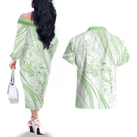 Sharks Couple Dreamy Polynesians Floral Sea Couples Matching Off The Shoulder Long Sleeve Dress and Hawaiian Shirt Emerald LT7 - Polynesian Pride