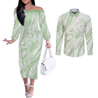 Sharks Couple Dreamy Polynesians Floral Sea Couples Matching Off The Shoulder Long Sleeve Dress and Long Sleeve Button Shirt Emerald LT7 Emerald - Polynesian Pride