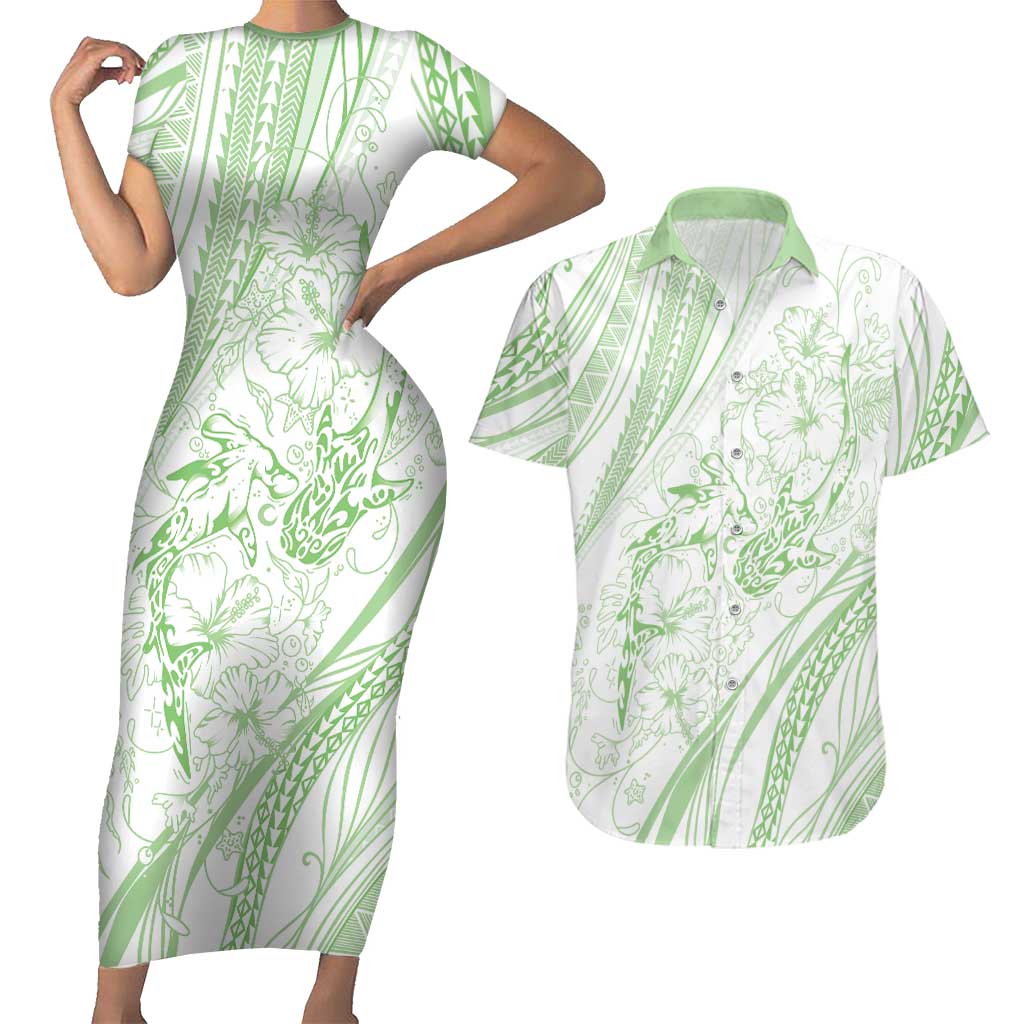 Sharks Couple Dreamy Polynesians Floral Sea Couples Matching Short Sleeve Bodycon Dress and Hawaiian Shirt Emerald LT7 Emerald - Polynesian Pride