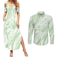 Sharks Couple Dreamy Polynesians Floral Sea Couples Matching Summer Maxi Dress and Long Sleeve Button Shirt Emerald - Polynesian Pride