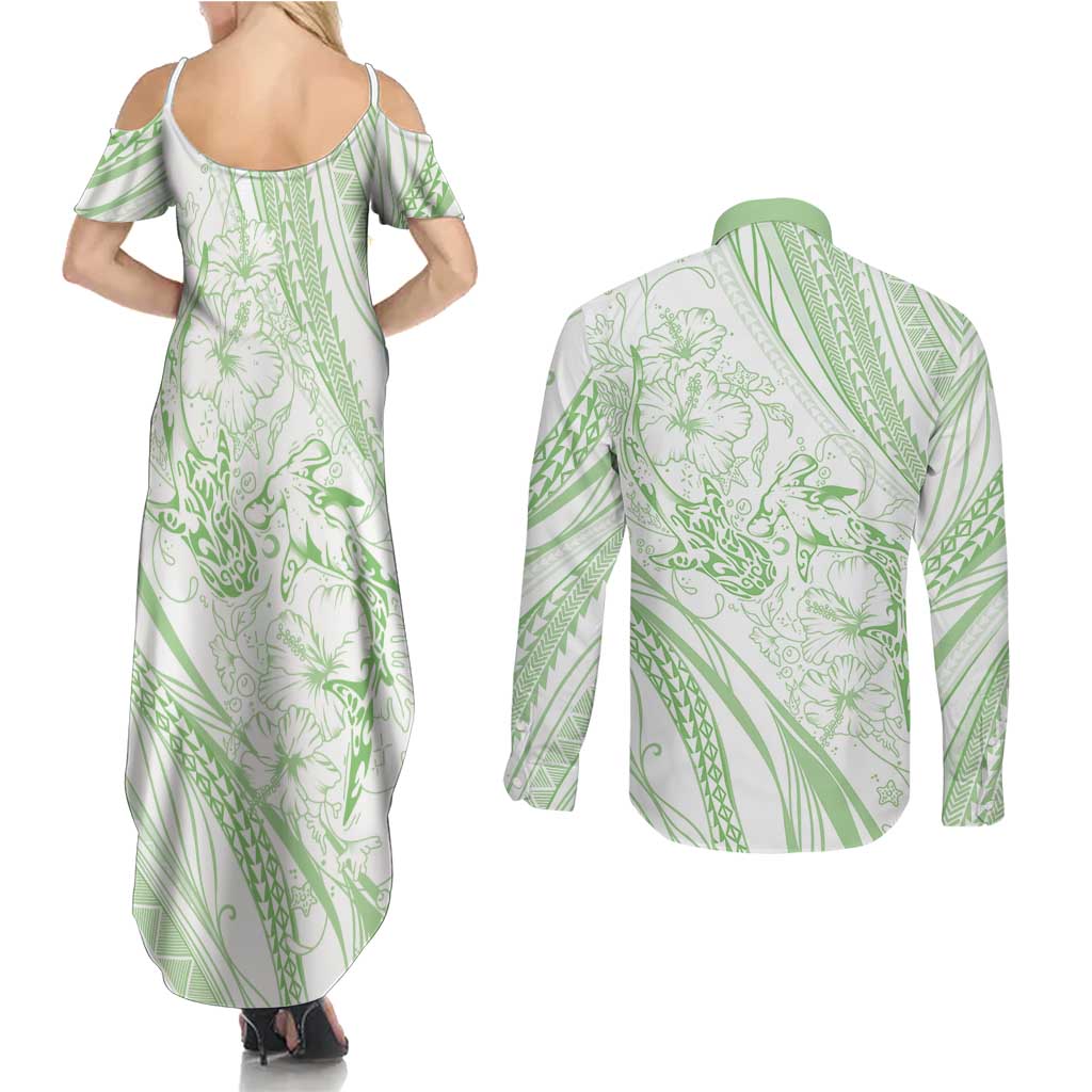 Sharks Couple Dreamy Polynesians Floral Sea Couples Matching Summer Maxi Dress and Long Sleeve Button Shirt Emerald - Polynesian Pride