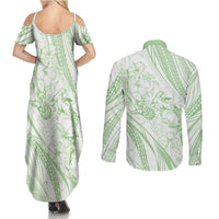 Sharks Couple Dreamy Polynesians Floral Sea Couples Matching Summer Maxi Dress and Long Sleeve Button Shirt Emerald - Polynesian Pride