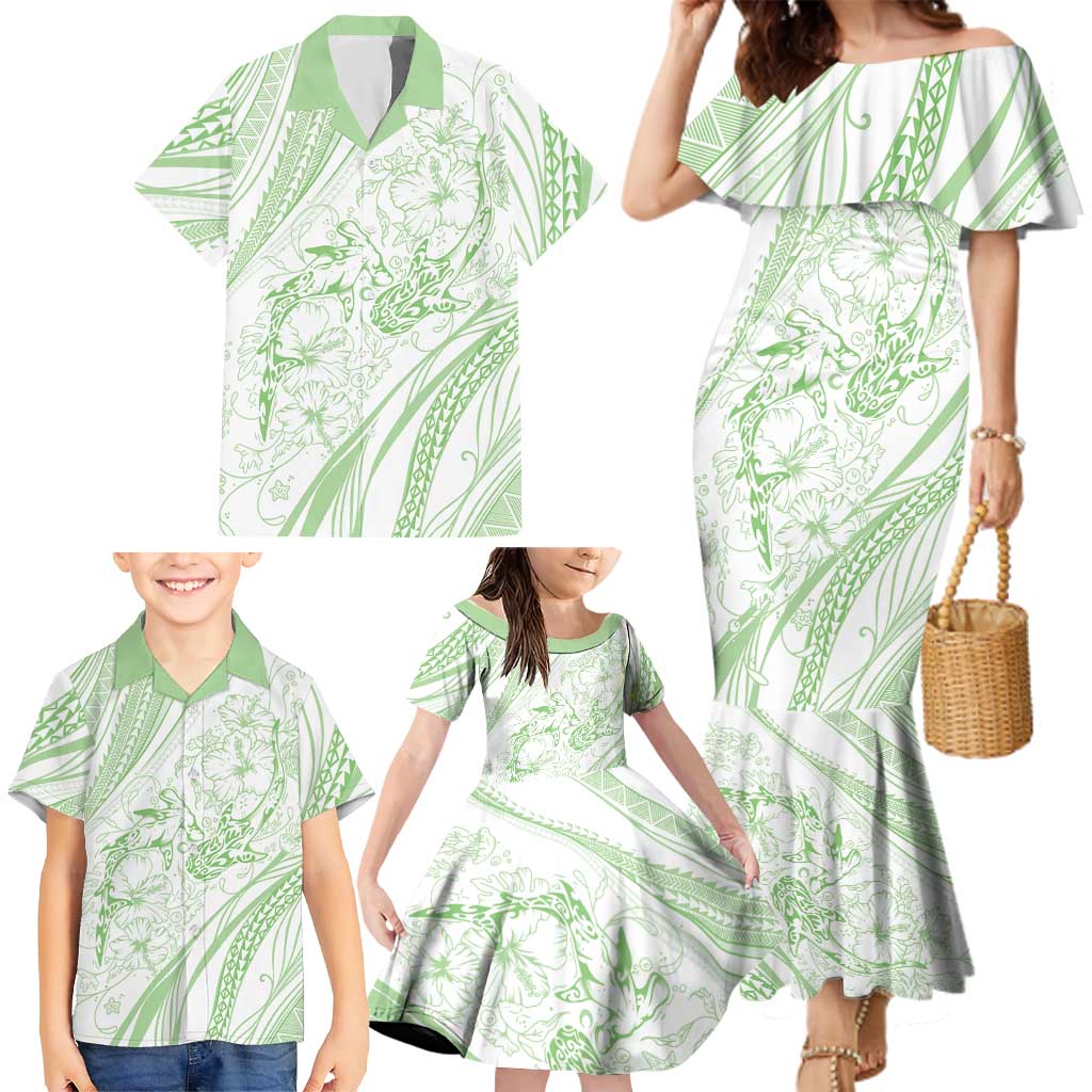 Sharks Couple Dreamy Polynesians Floral Sea Family Matching Mermaid Dress and Hawaiian Shirt Emerald - Polynesian Pride