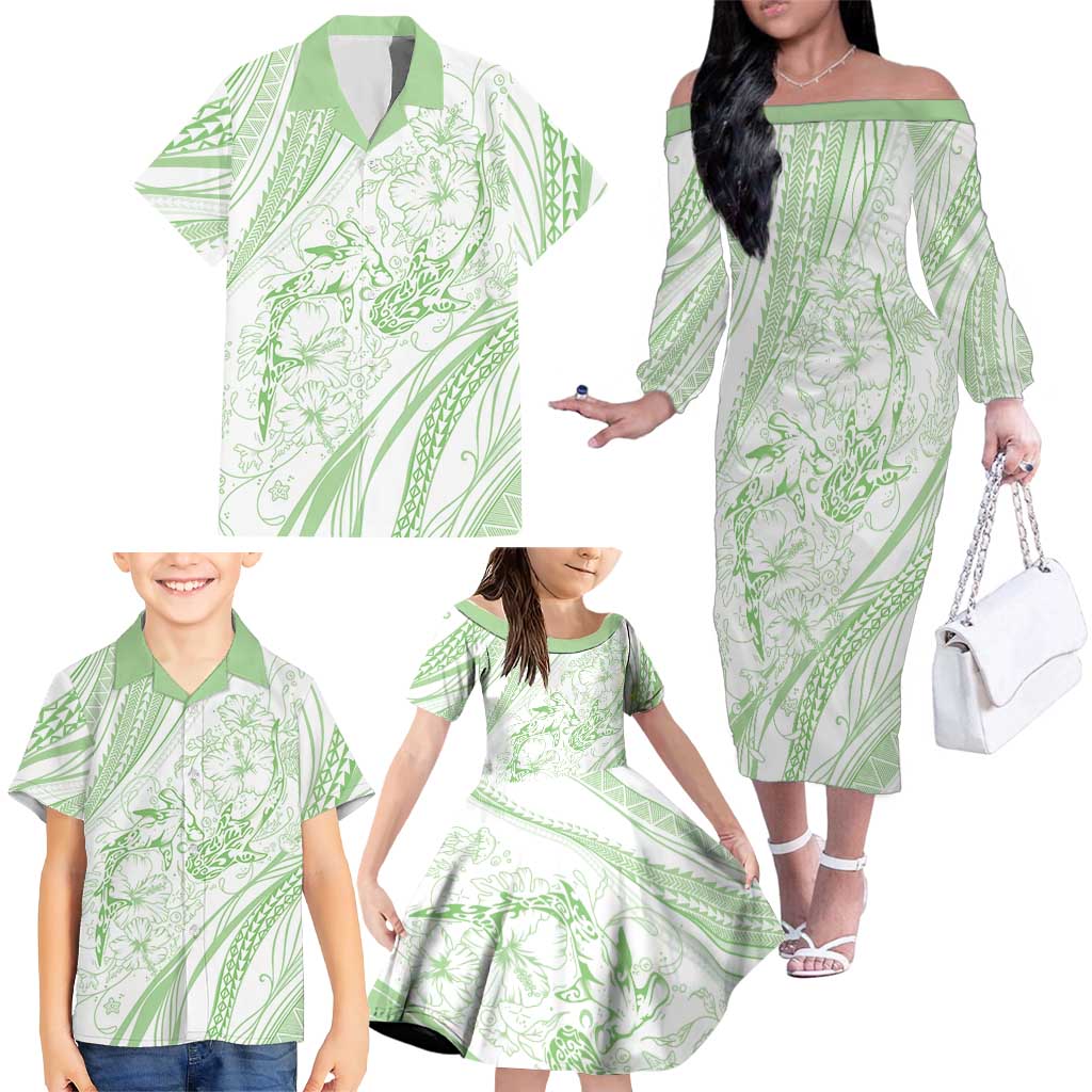 Sharks Couple Dreamy Polynesians Floral Sea Family Matching Off The Shoulder Long Sleeve Dress and Hawaiian Shirt Emerald LT7 - Polynesian Pride