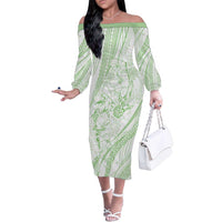 Sharks Couple Dreamy Polynesians Floral Sea Family Matching Off The Shoulder Long Sleeve Dress and Hawaiian Shirt Emerald LT7 Mom's Dress Emerald - Polynesian Pride
