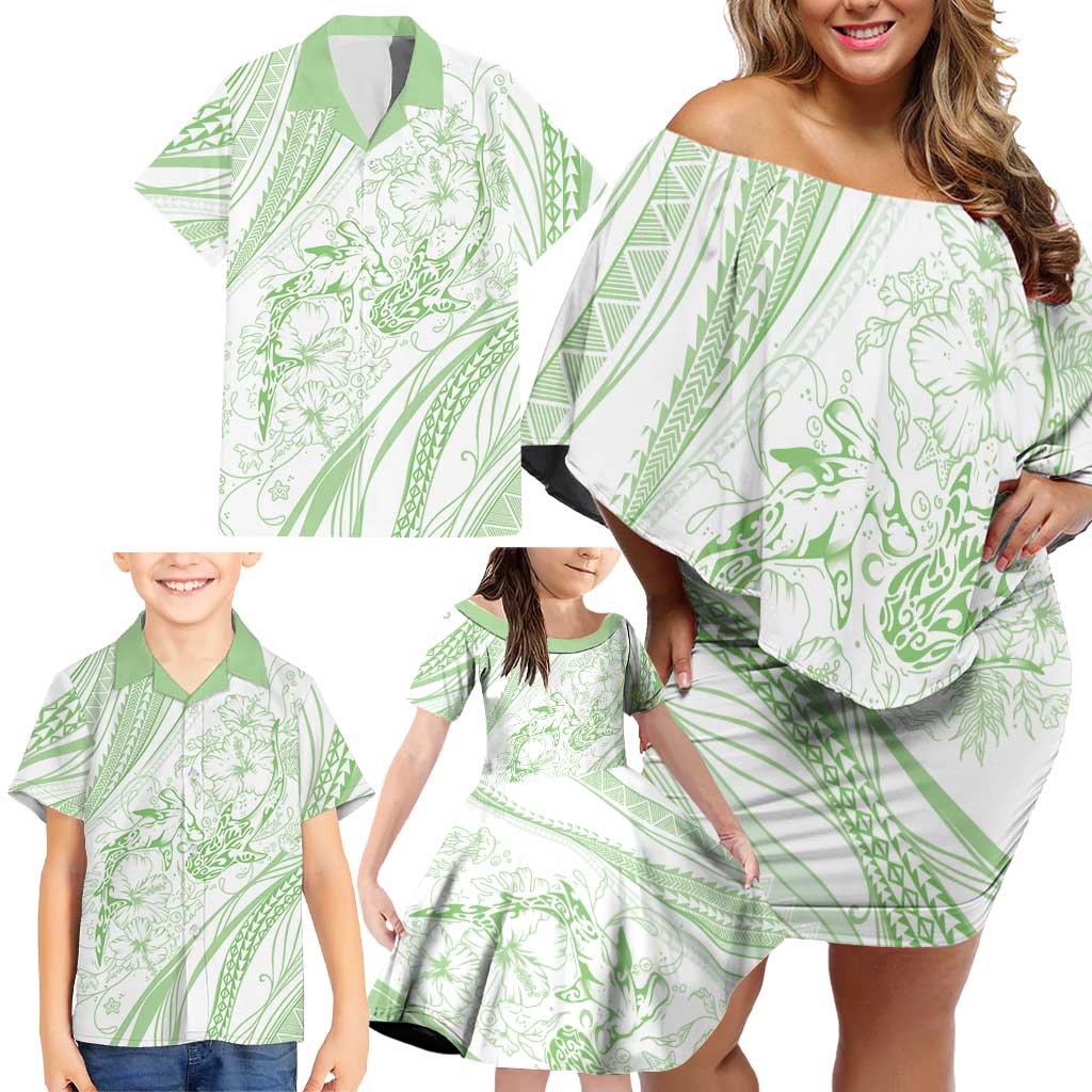 Sharks Couple Dreamy Polynesians Floral Sea Family Matching Off Shoulder Short Dress and Hawaiian Shirt Emerald - Polynesian Pride