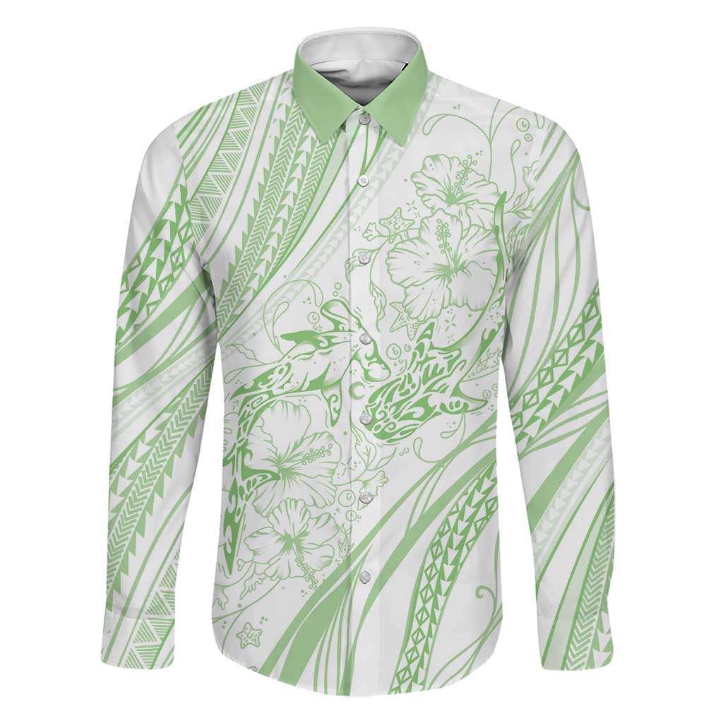 Sharks Couple Dreamy Polynesians Floral Sea Family Matching Off Shoulder Short Dress and Hawaiian Shirt Emerald LT7 Dad's Shirt - Long Sleeve Emerald - Polynesian Pride