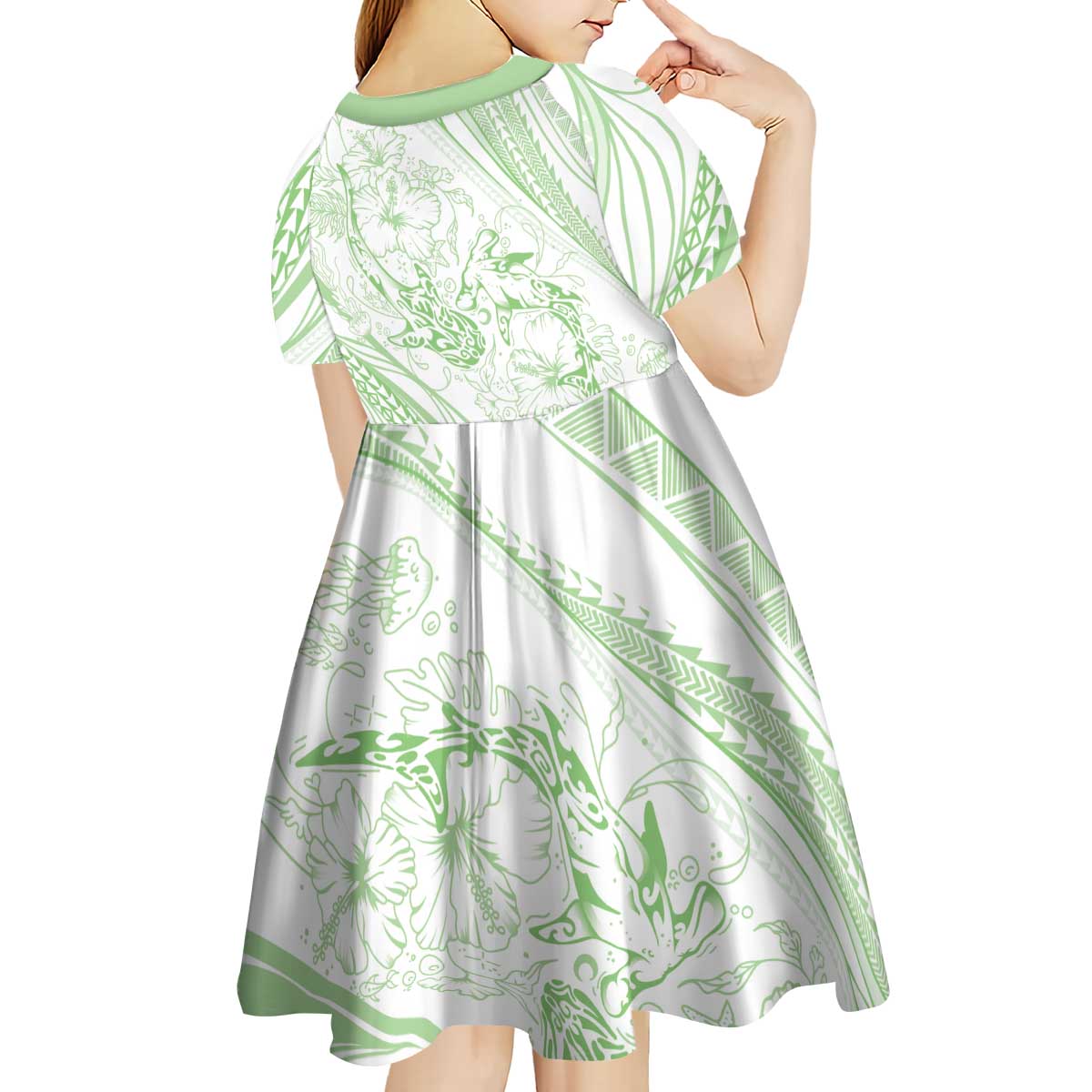 Sharks Couple Dreamy Polynesians Floral Sea Kid Short Sleeve Dress Emerald - Polynesian Pride
