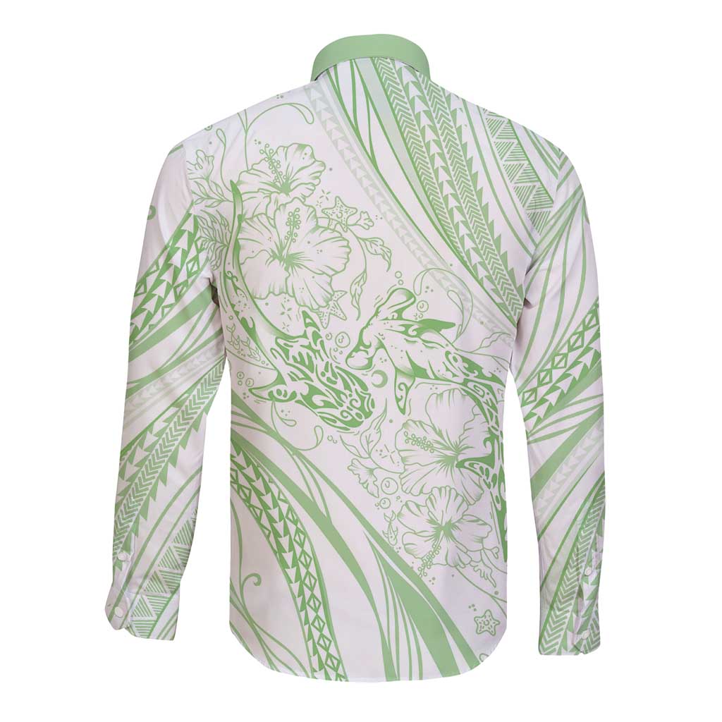 Sharks Couple Dreamy Polynesians Floral Sea Long Sleeve Button Shirt Emerald - Polynesian Pride