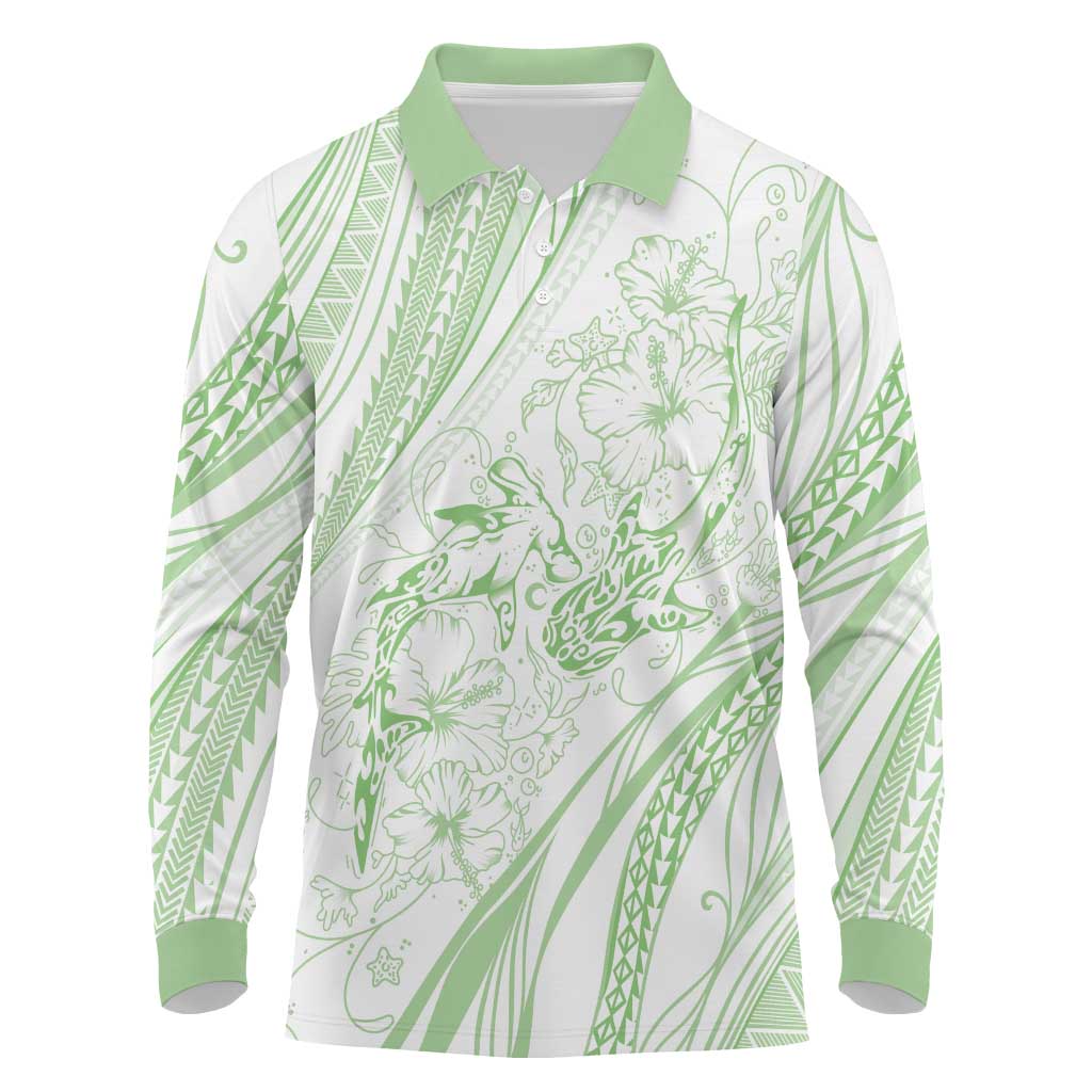 Sharks Couple Dreamy Polynesians Floral Sea Long Sleeve Polo Shirt Emerald - Polynesian Pride