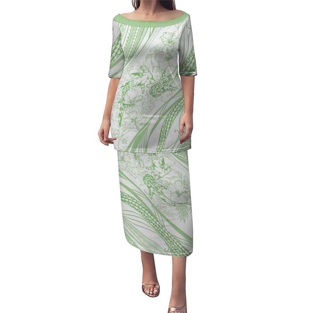 Sharks Couple Dreamy Polynesians Floral Sea Puletasi Emerald - Polynesian Pride
