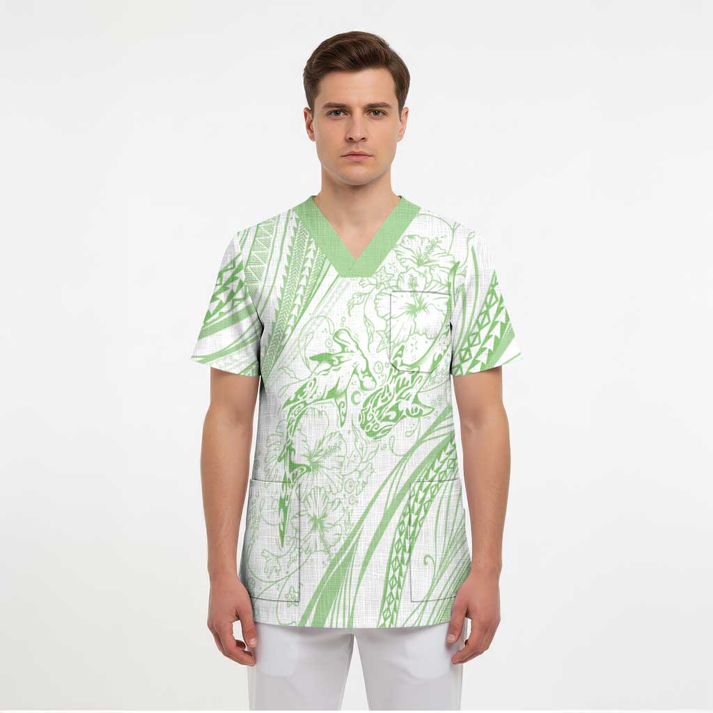 Sharks Couple Dreamy Polynesians Floral Sea Scrub Top Emerald - Polynesian Pride