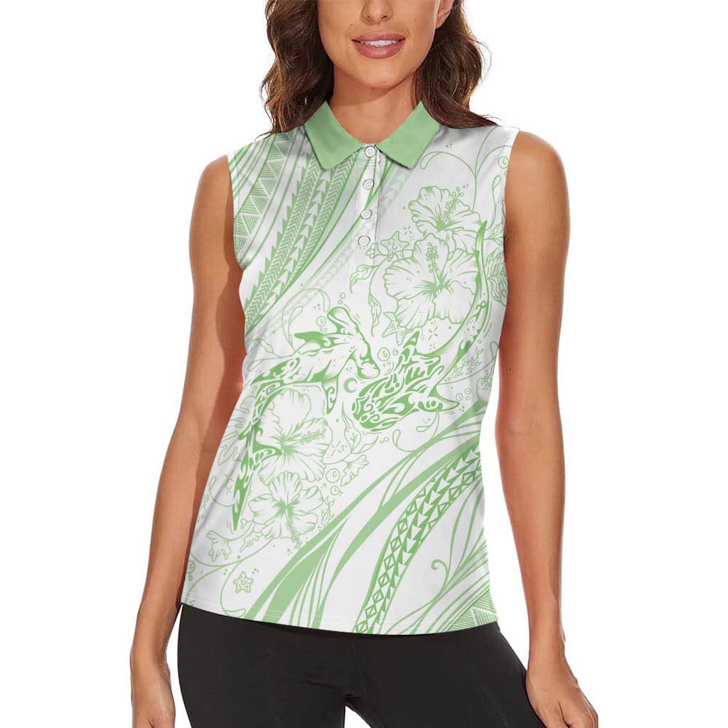 Sharks Couple Dreamy Polynesians Floral Sea Women Sleeveless Polo Shirt Emerald - Polynesian Pride