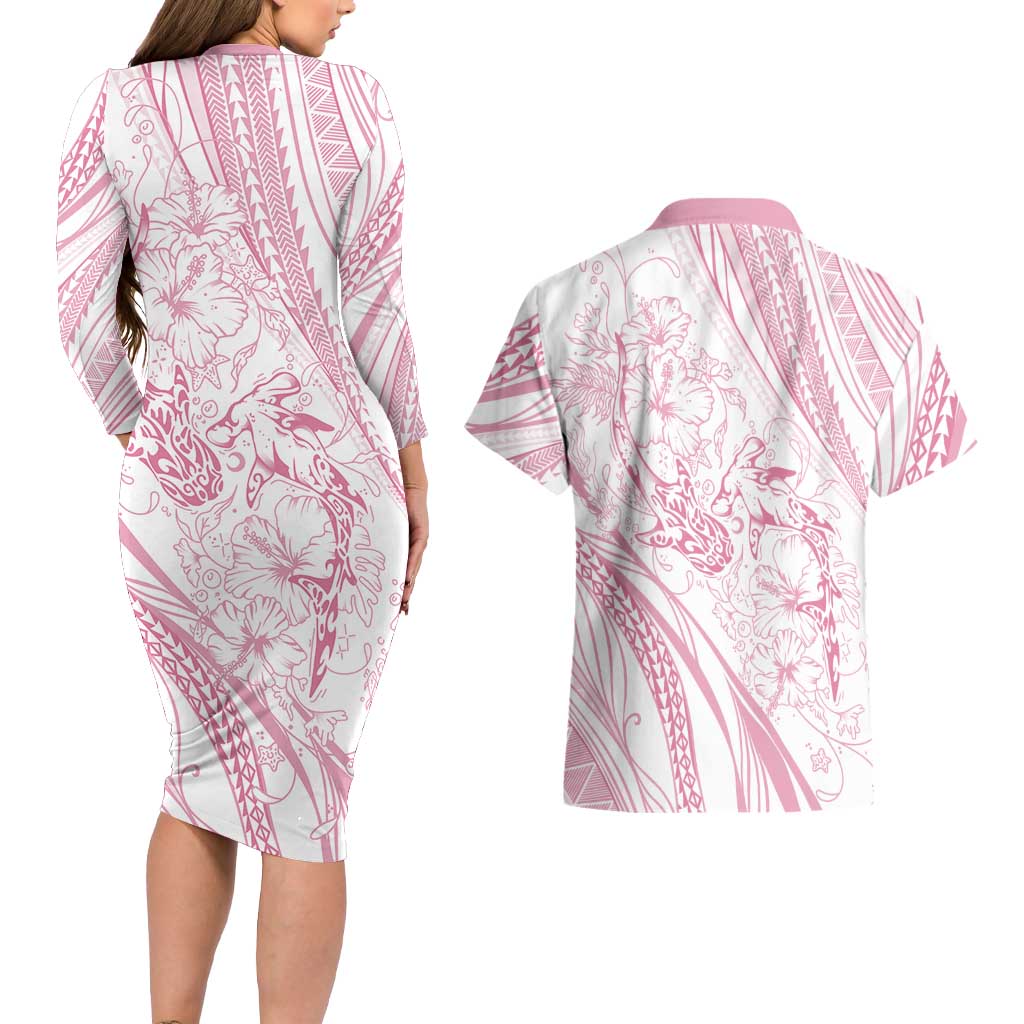Sharks Couple Dreamy Polynesians Floral Sea Couples Matching Long Sleeve Bodycon Dress and Hawaiian Shirt Pink LT7 - Polynesian Pride