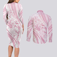 Sharks Couple Dreamy Polynesians Floral Sea Couples Matching Long Sleeve Bodycon Dress and Long Sleeve Button Shirt Pink LT7 - Polynesian Pride