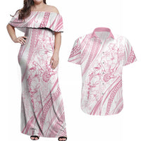 Sharks Couple Dreamy Polynesians Floral Sea Couples Matching Off Shoulder Maxi Dress and Hawaiian Shirt Pink LT7 Pink - Polynesian Pride
