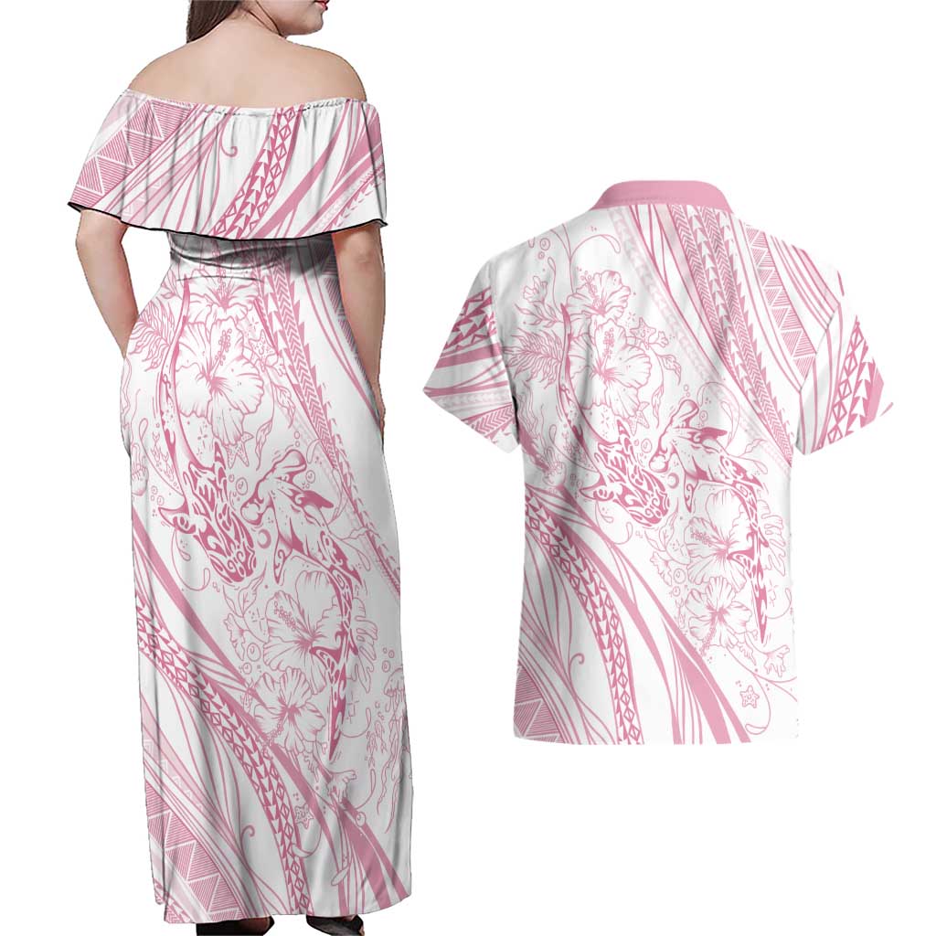 Sharks Couple Dreamy Polynesians Floral Sea Couples Matching Off Shoulder Maxi Dress and Hawaiian Shirt Pink LT7 - Polynesian Pride