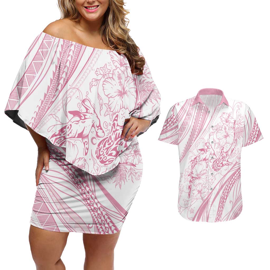 Sharks Couple Dreamy Polynesians Floral Sea Couples Matching Off Shoulder Short Dress and Hawaiian Shirt Pink LT7 Pink - Polynesian Pride