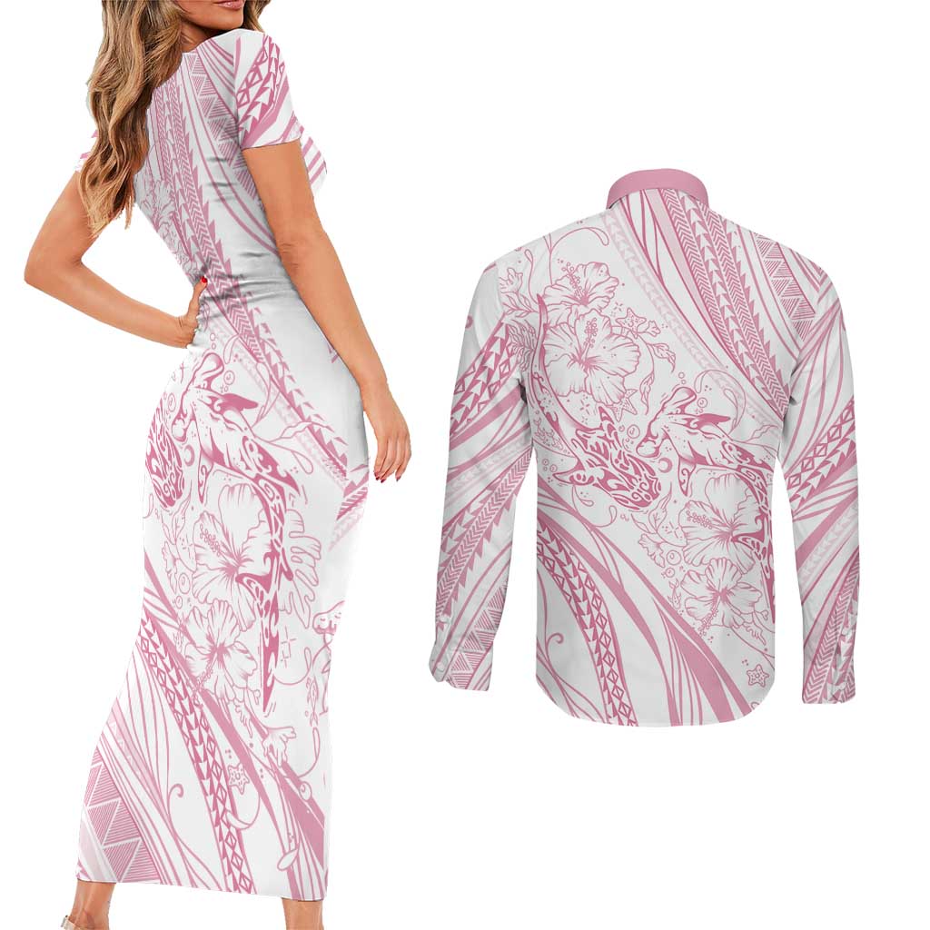 Sharks Couple Dreamy Polynesians Floral Sea Couples Matching Short Sleeve Bodycon Dress and Long Sleeve Button Shirt Pink LT7 - Polynesian Pride