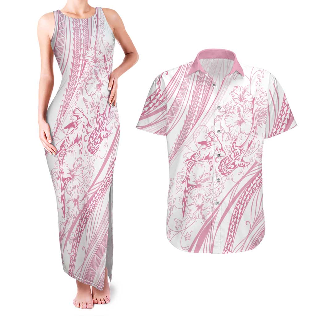 Sharks Couple Dreamy Polynesians Floral Sea Couples Matching Tank Maxi Dress and Hawaiian Shirt Pink - Polynesian Pride