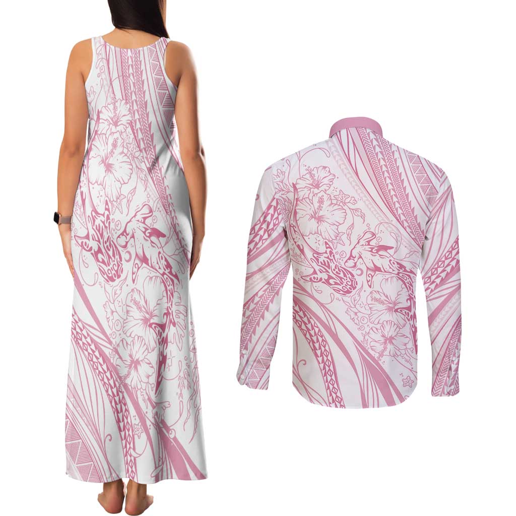 Sharks Couple Dreamy Polynesians Floral Sea Couples Matching Tank Maxi Dress and Long Sleeve Button Shirt Pink LT7 - Polynesian Pride