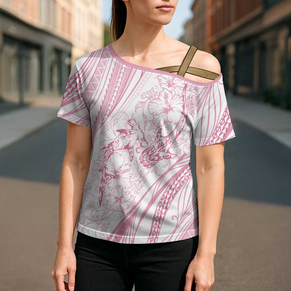 Sharks Couple Dreamy Polynesians Floral Sea Cross Shoulder Shirt Pink - Polynesian Pride