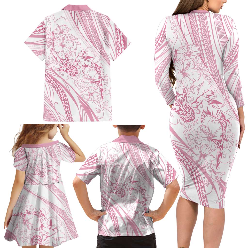 Sharks Couple Dreamy Polynesians Floral Sea Family Matching Long Sleeve Bodycon Dress and Hawaiian Shirt Pink LT7 - Polynesian Pride