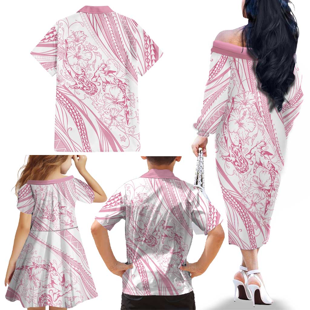 Sharks Couple Dreamy Polynesians Floral Sea Family Matching Off The Shoulder Long Sleeve Dress and Hawaiian Shirt Pink LT7 - Polynesian Pride