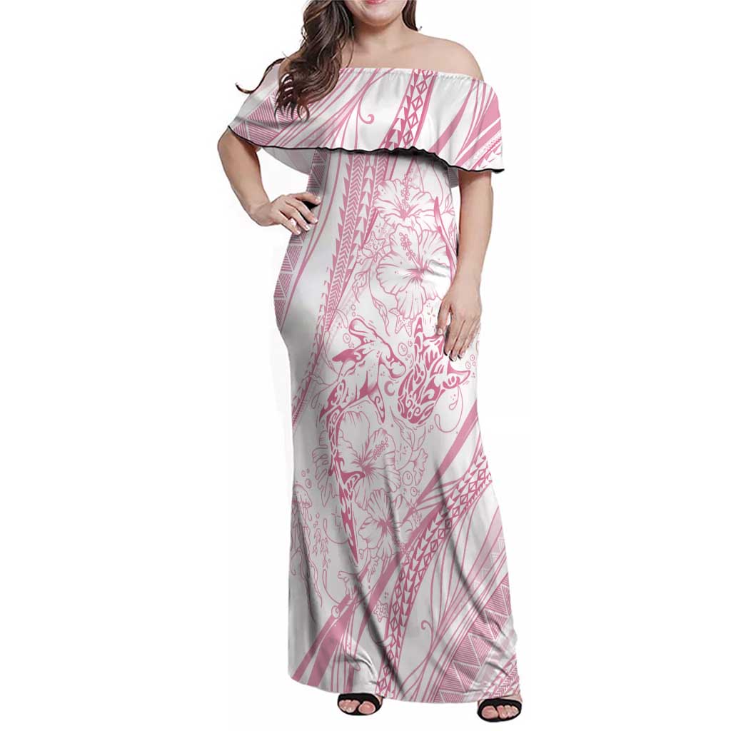 Sharks Couple Dreamy Polynesians Floral Sea Family Matching Off Shoulder Maxi Dress and Hawaiian Shirt Pink LT7 Mom's Dress Pink - Polynesian Pride