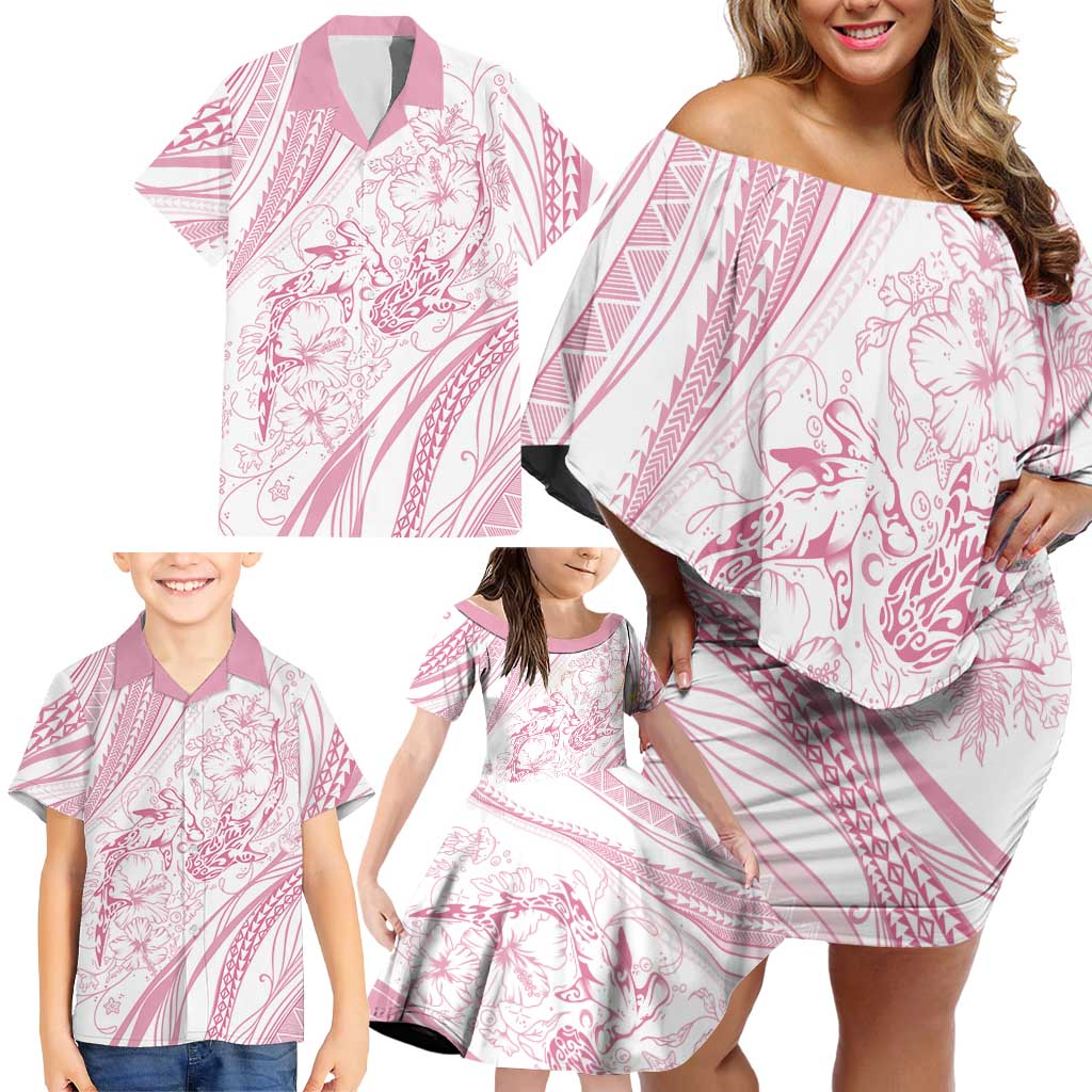 Sharks Couple Dreamy Polynesians Floral Sea Family Matching Off Shoulder Short Dress and Hawaiian Shirt Pink LT7 - Polynesian Pride