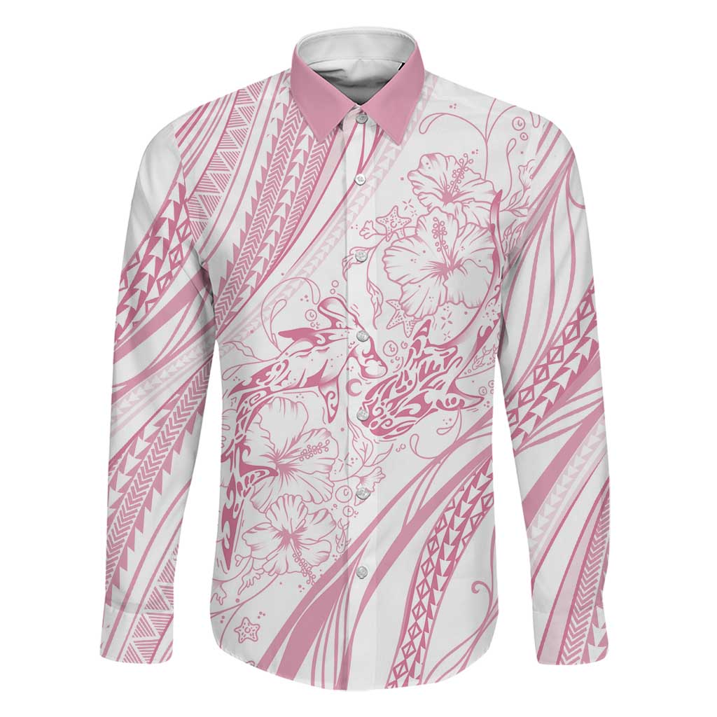 Sharks Couple Dreamy Polynesians Floral Sea Family Matching Puletasi and Hawaiian Shirt Pink LT7 Dad's Shirt - Long Sleeve Pink - Polynesian Pride