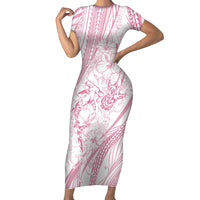 Sharks Couple Dreamy Polynesians Floral Sea Family Matching Short Sleeve Bodycon Dress and Hawaiian Shirt Pink LT7 Mom's Dress Pink - Polynesian Pride