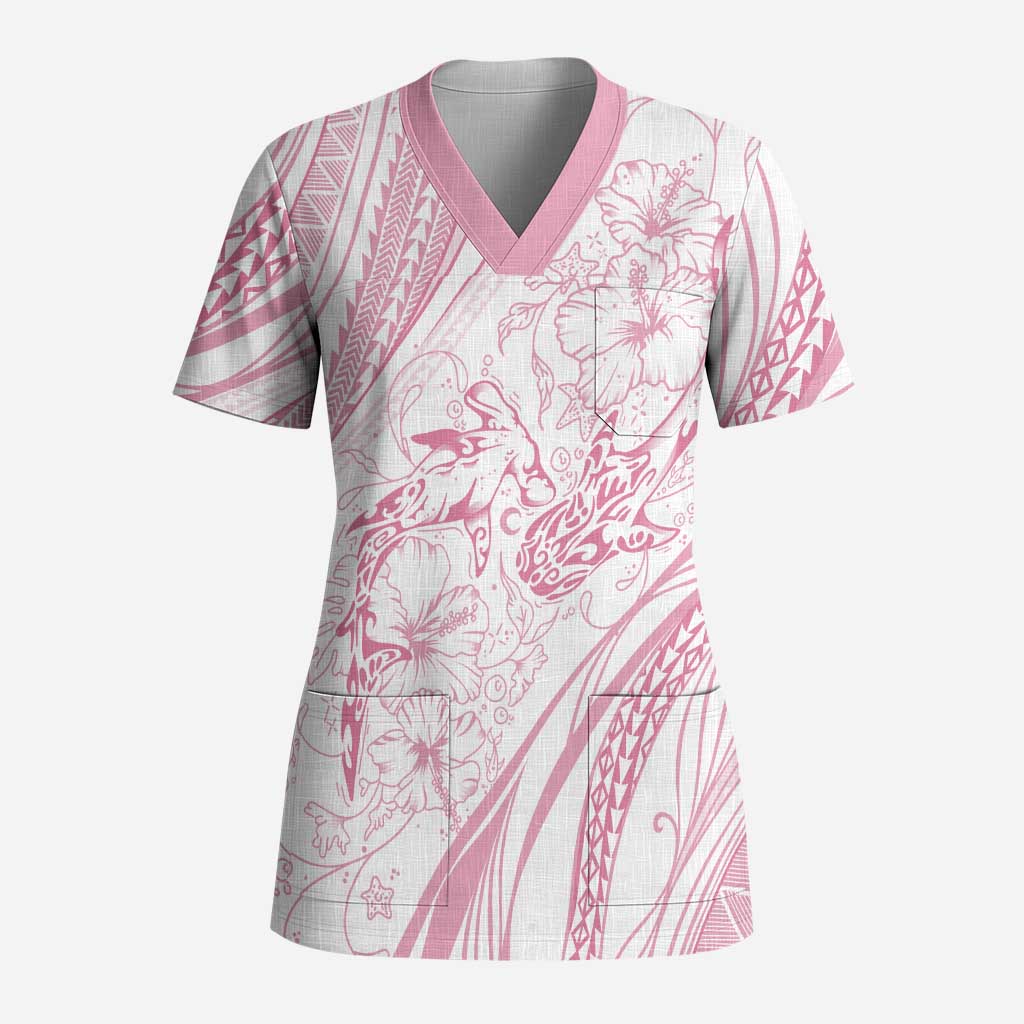 Sharks Couple Dreamy Polynesians Floral Sea Scrub Top Pink - Polynesian Pride